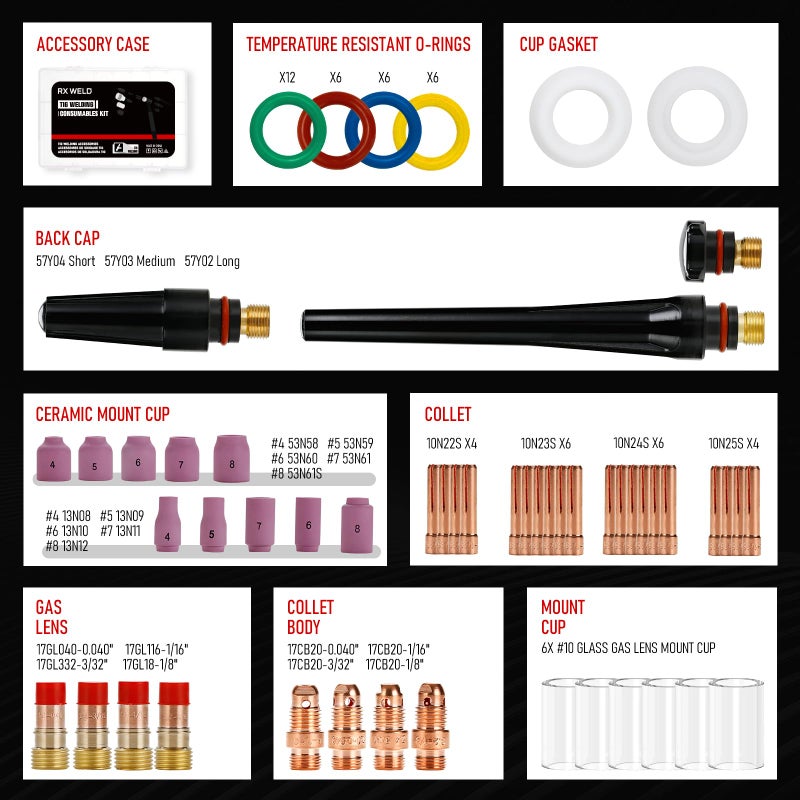 RX WELD 79PCS TIG Welding Accessories Torch Kit Stubby Gas Lens #10#12 lass Cup For WP-17/18/26 - Image 2